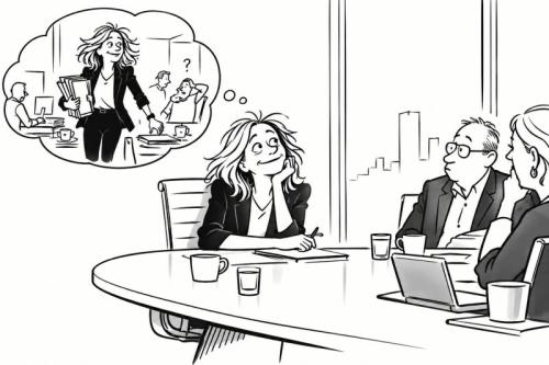 Illustratie van een vrouw aan een bestuurstafel die terugdenkt aan haar werk op de werkvloer