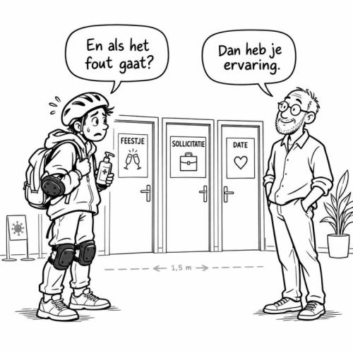Illustratie van een jongere die vraagt wat er gebeurt als het fout gaat, waarop een coach antwoordt: Dan heb je ervaring