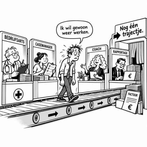 Cartoon van een werknemer op een lopende band langs verzuimloketten die zegt: Ik wil gewoon weer werken